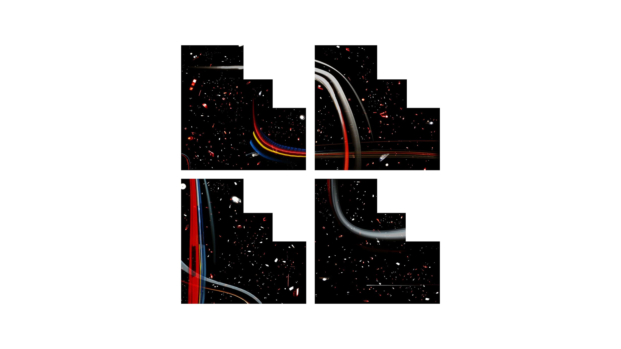 Abstract black background with four unevenly cut squares, each containing curved lines in red, white, and blue, resembling futuristic trails or light streaks.