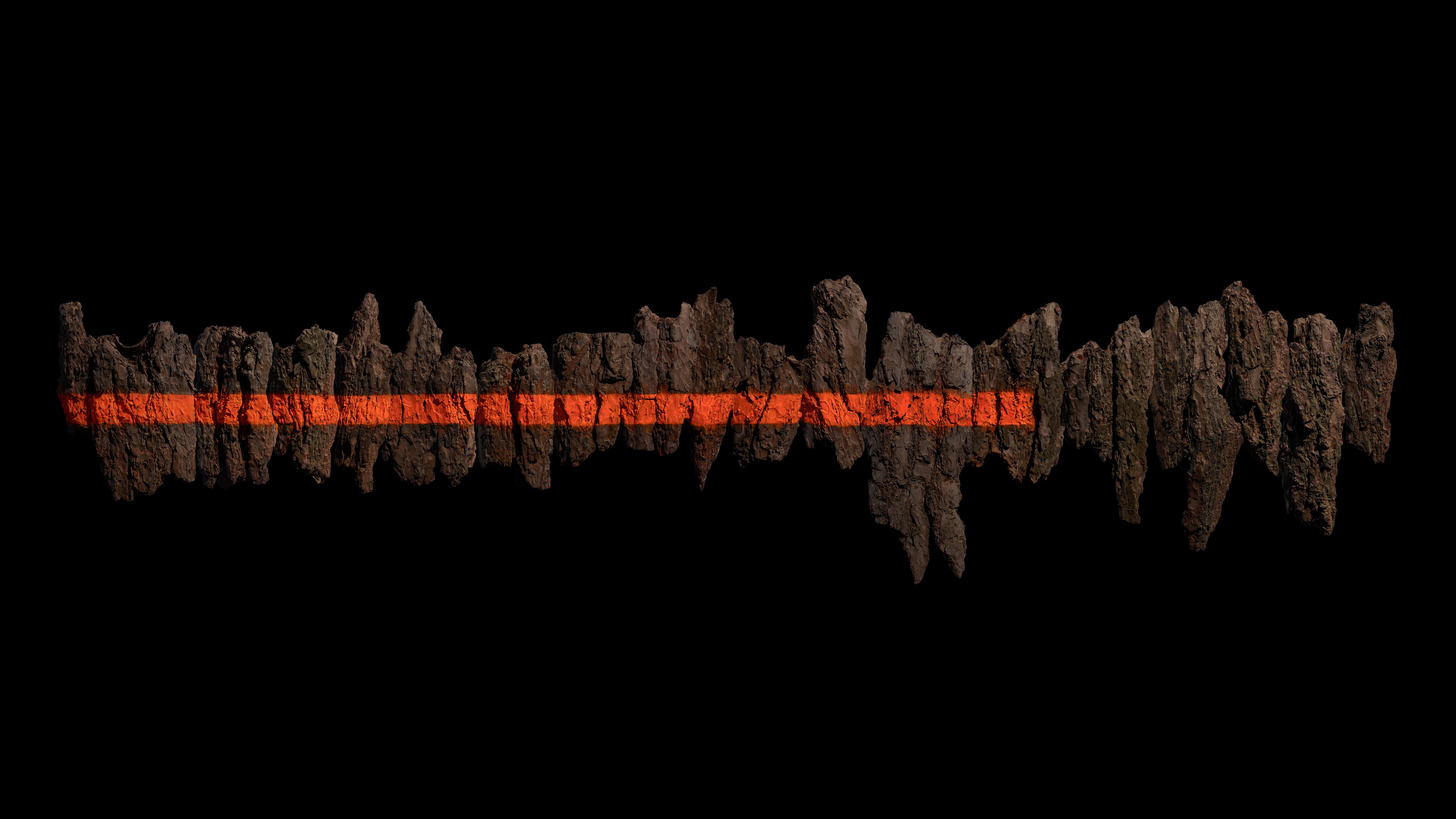 A jagged, earthy silhouette of pine bark with a glowing orange-red horizontal stripe running through the middle, set against a black background.
