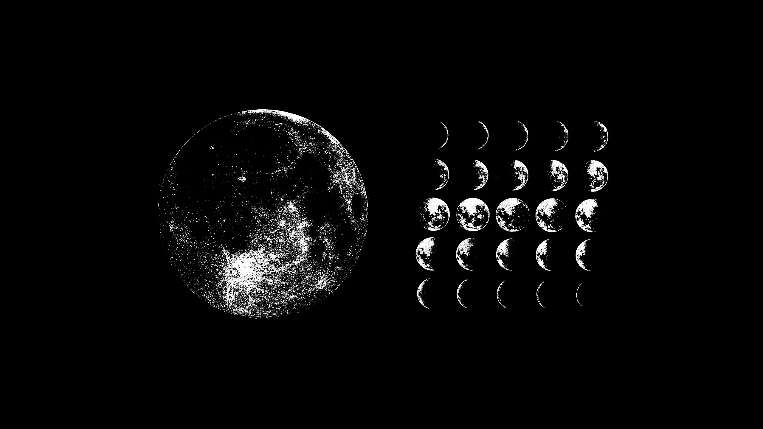 Black and white image of the moon phases. A large full moon is on the left, with smaller moons showing different phases in a grid on the right.