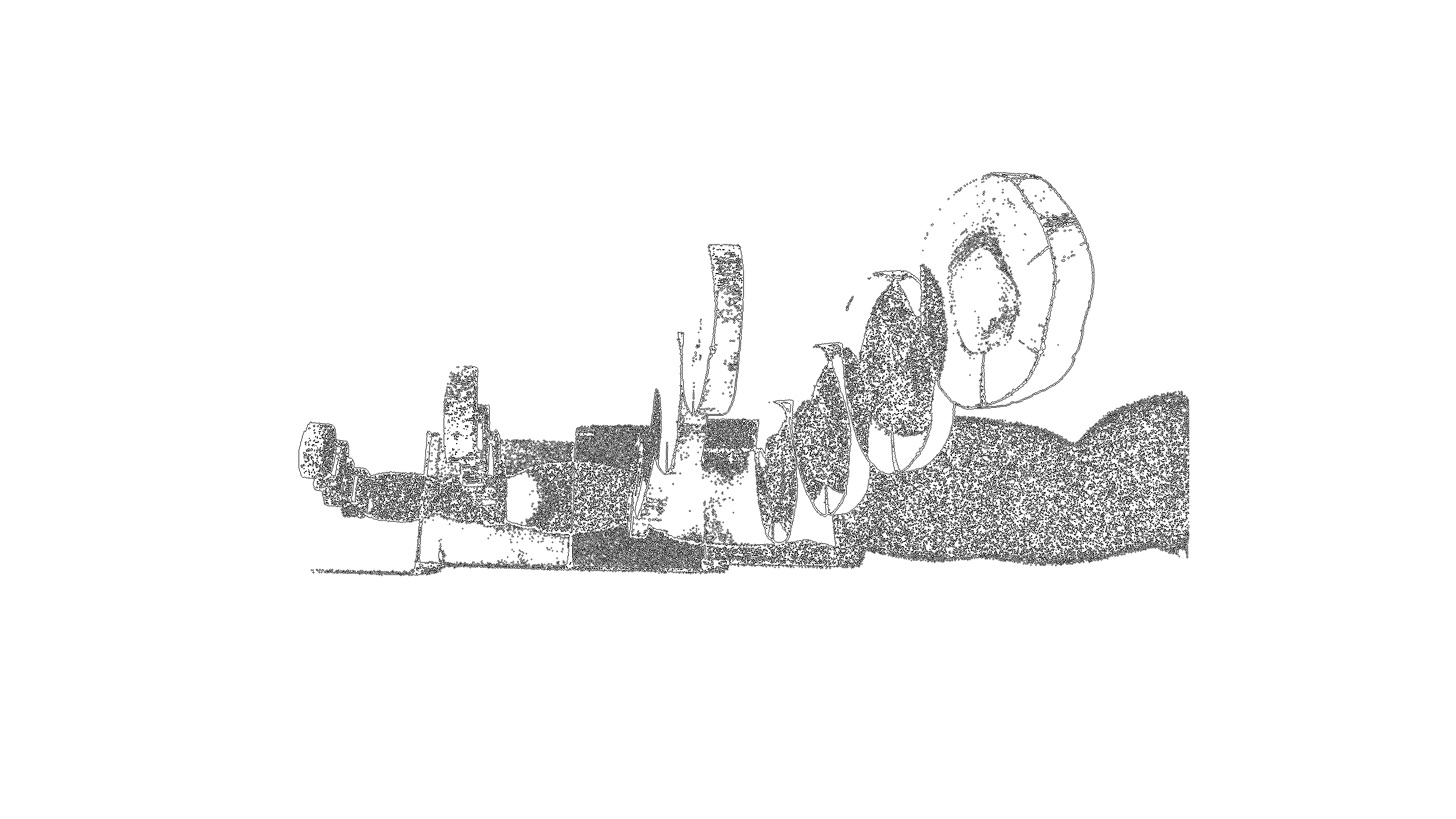 Abstract monochrome illustration of tree cross-section structures arranged in a linear sequence, casting shadows onto one another. The image looks structural.