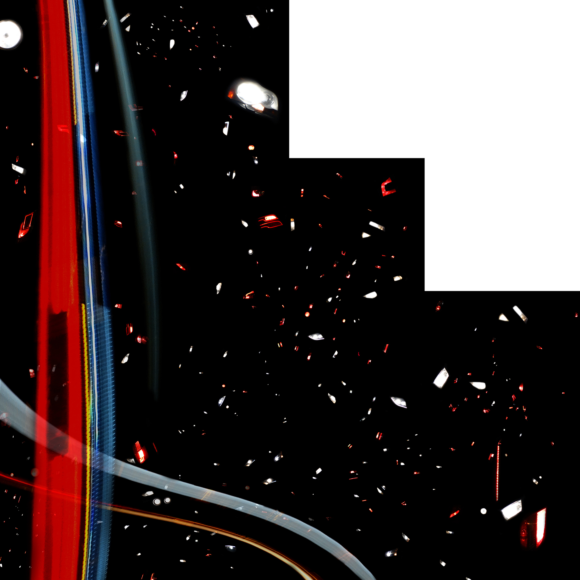 Abstract image with dynamic red, blue, and yellow streaks on a black background dotted with scattered lights. The scene feels vibrant and energetic.