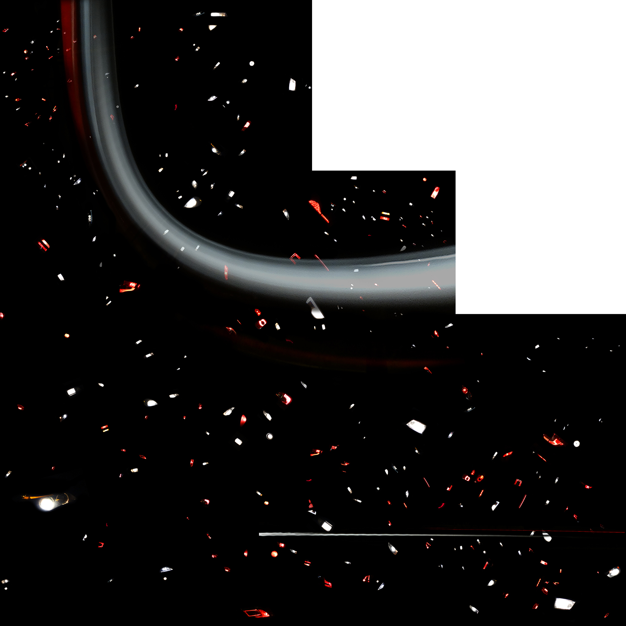 A curved, blurred light trail arcs through a black background dotted with scattered red and white light specks, creating a dynamic, cosmic feel.